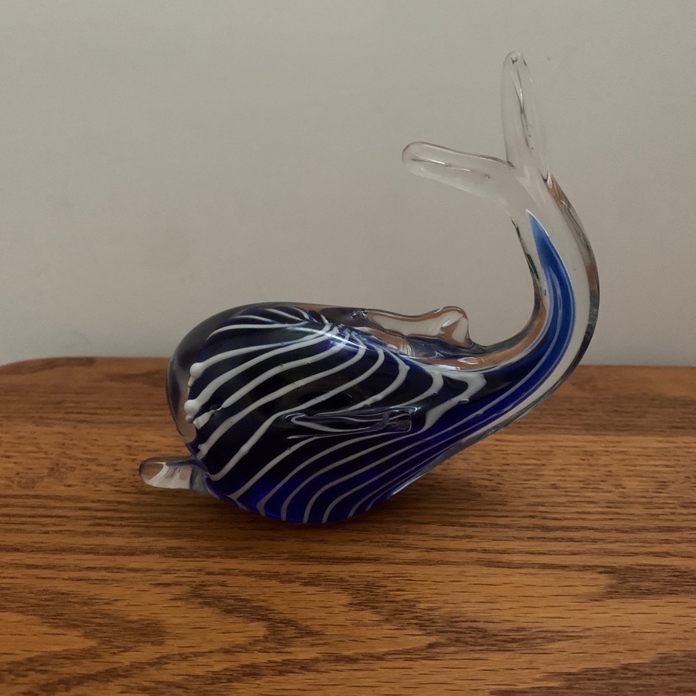 Blue white stripes whale art glass paperweight